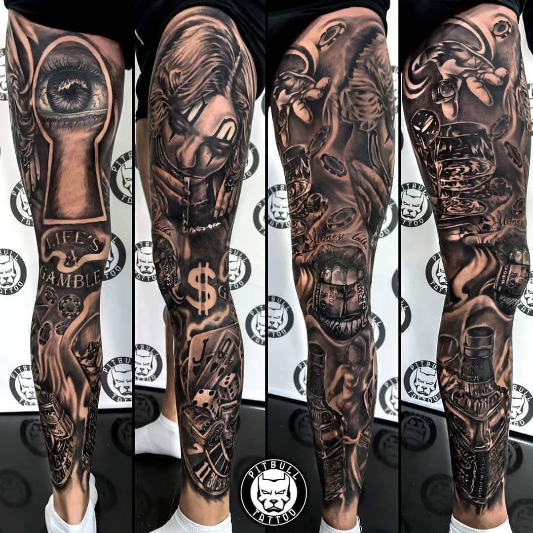 Pitbull Tattoo Thailand on Tumblr: 🔔OPENING SOON🔔 Full leg sleeve  tattoo🎲 Style: Black & Grey Chicano⚫⚪ . #tattooed #tatts #tats  #tattoophuket #thaitattoo