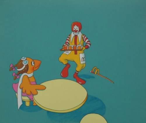 ‪Production art from a 1980s McDonald’s commercial, showing Ronald McDonald and Birdie the Early Bir