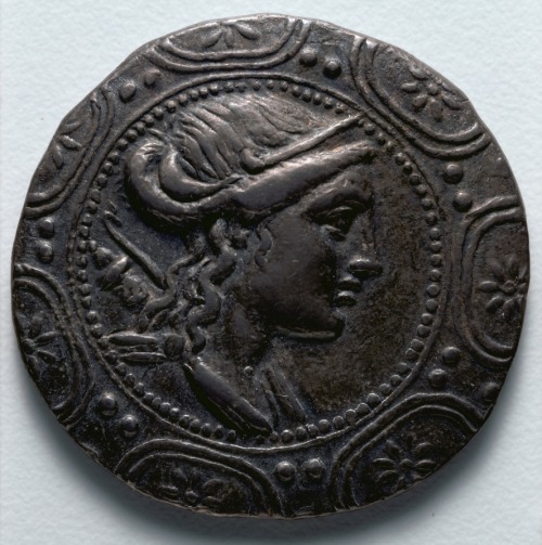 cma-greek-roman-art: Tetradrachm: Macedonian Shield with Bust of Artemis (obverse), 158-149 BC, Clev