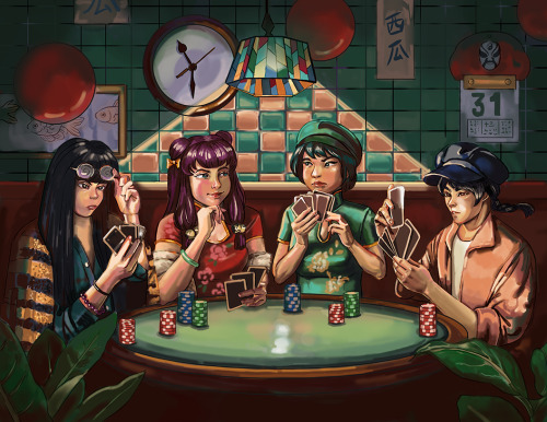 I painted some of my favorite characters from Ranma ½ playing poker in the style of a Wong Ka