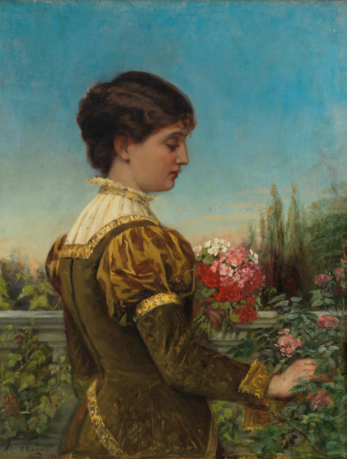 Catherine Engelhart Amyot (Danish, 1845 - 1926): Portrait of a lady picking flowers (1883) (via Bonh