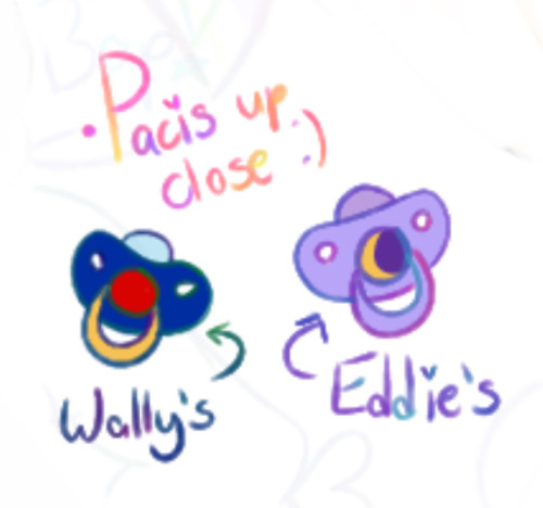Close up look at Wally and Eddie's pacifiers. Wally's is a simple color block pacifier with the primary colors. Eddie's is a simple purple pacifier, with the center a darker purple, and a crescent moon