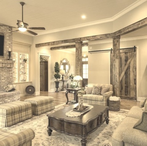 Open Living RoomLiving Room Library - Huge Cottage Open Concept Medium Tone Wood Floor And Brown Floor