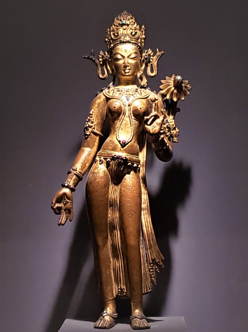 historyarchaeologyartefacts: Gilt copper statue of Tara, the Buddhist savior, inlaid with semiprecio