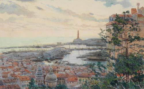 Fortunino Matania  (1881 - 1963)A panorama of Genoa