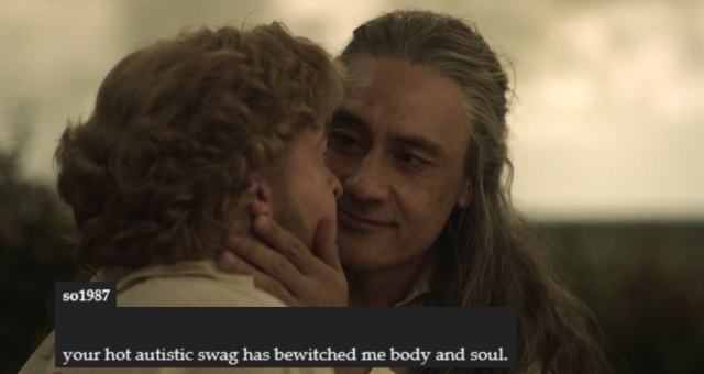 ed post-kiss, cradling stede's face and smiling at him. captioned with text post by so1987 "your hot autistic swag has bewitched me body and soul."