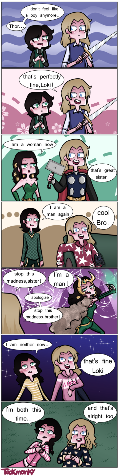 wherearealloftheuseenames:
“ teacupfulofstarshine:
“ socialistexan:
“ teckmonky:
“be like Thor, be there to support your loved ones,accept who they are and celebrate them
”
BTW, this is all canon, Loki is canonically genderfluid and is referred to as...