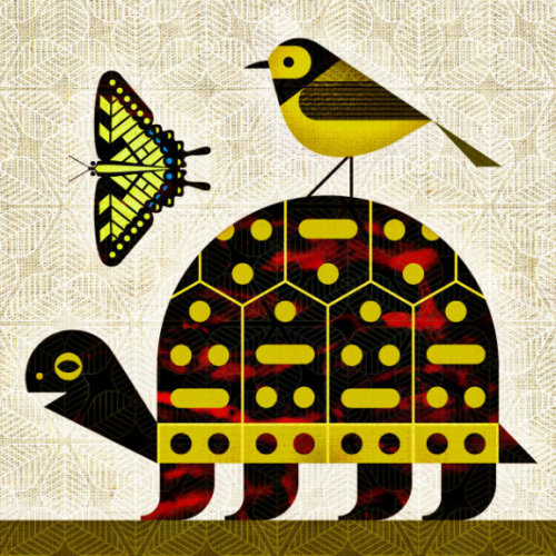 Box Turtle with Hooded Warbler and Tiger Swallowtail (Composition in Yellow and Black)