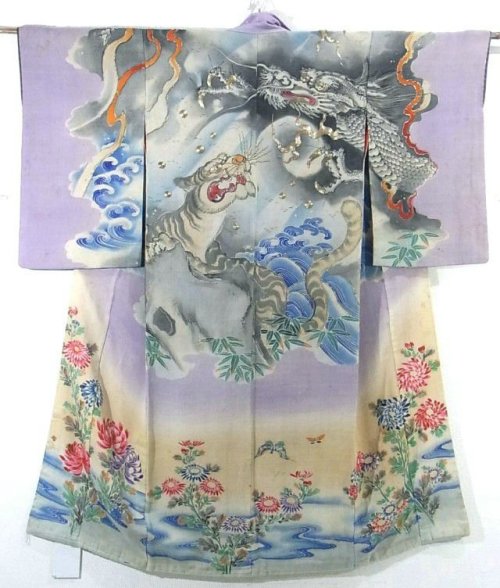 Tiger and Dragon vintage kimono seen on. This kimono is very unusual, from its pattern placement (we