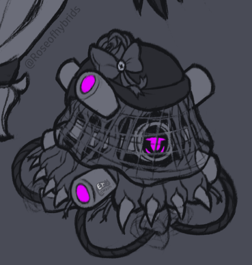 Digital fan art of the character Nori from the series Murder Drones
She is in her heart form. Sitting down with a bored expression as she tucks her claws underneath her, similar to a cat loaf