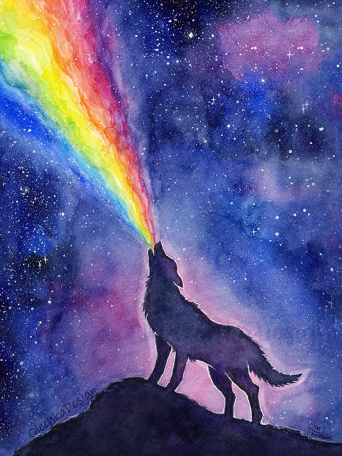 Galactic Wolf - rainbow in the galaxy, watercolor painting by Olga Shvartsur. Signed Prints / Home D