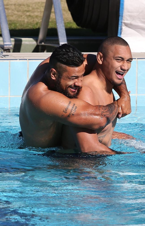 roscoe66:  Kenny Edwards and Pauli Pauli of the Parramatta Eels frolic in the pool at a recovery session