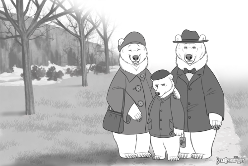 bearlyfunctioning:  Comic style sketch commission for my kind patron BigPhotoBear 🐻🎩He wanted a bearify of his family based on an old photo. Himself a little kid pouting having to take a photo & his proud momma & poppa.  