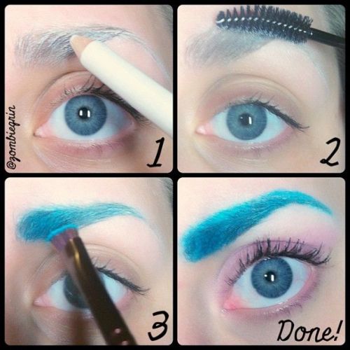 stripstripstripstripstrip:  kookukachu:  makeupbag:  A few of you asked me how to do colored brows after I posted my rainbow eyebrow look so here’s how! :) Fill in your eyebrow with white liner. I used an Elf Eye Liner. Brush your eyebrow out with a