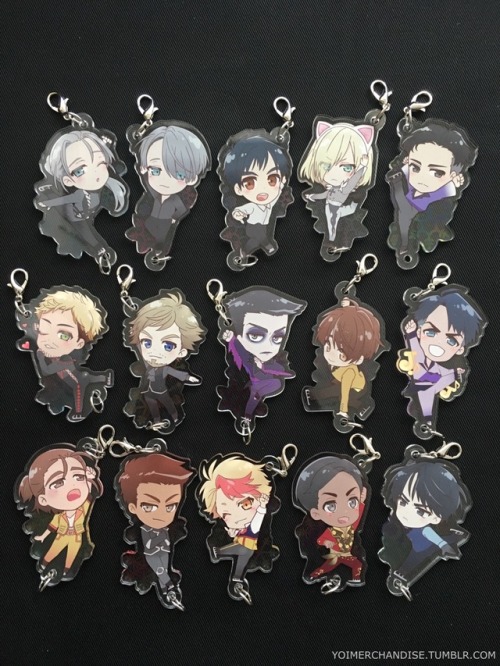 yoimerchandise:  YOI x Princess Cafe Tsukamarinko (3rd Collaboration) Acrylic Keyholders Original Release Date:March 2017 Featured Characters (14 Total):  Viktor (Original + Secret Versions), Yuuri, Yuri, Otabek, Christophe, Emil, Georgi, Guang Hong,