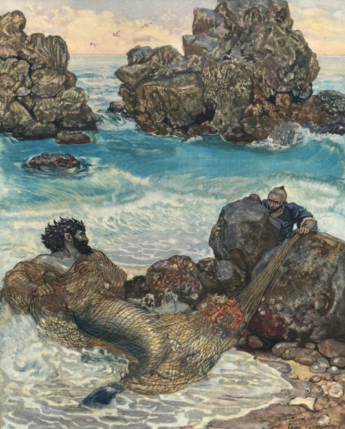 fish-tails-siren-scales:Léon Carré . The Fiserhman and The Sea (Arabian Nights)
