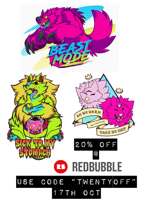 werewolf-t33th:  Redbubble is having a sale on 17th of October if you use the code “TWENTYOFF” at checkout!  http://www.redbubble.com/people/werewolf-teeth http://www.redbubble.com/people/werewolf-teeth http://www.redbubble.com/people/werewolf-teeth