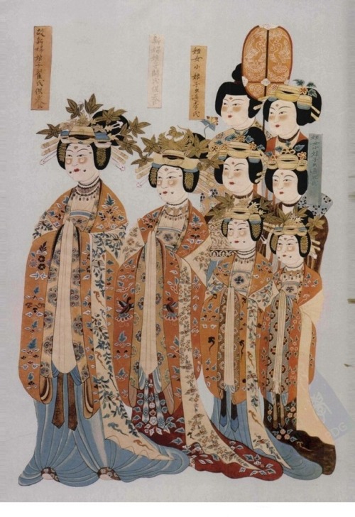 Buddhist donors in T'ang costume,painting from Dunhuang Mogao Caves,Tang dynasty