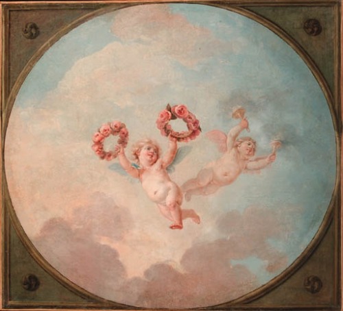 Charles Joseph Dominique Eisen, Putti desporting with a garland of flowers and flaming torches - in 