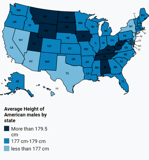 insomniac-arrest:mapsontheweb:Average height of American males.Tallest: Alabama: 181.8 cm. Shortest: