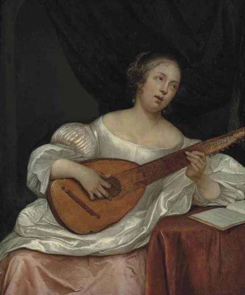 A woman playing a bandora. Eglon Hendrick van der Neer (Dutch, c.1634-1703). Oil on panel.Van der Ne