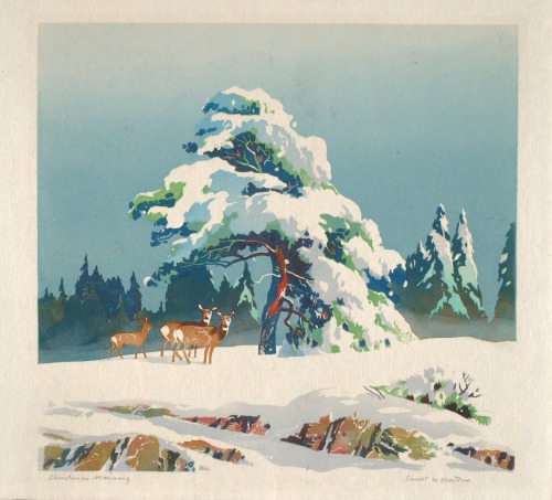 myfairynuffstuff:Ernest W. Watson (1884 -1969) - Christmas Morning. 1947. Colour linoleum cut on pap