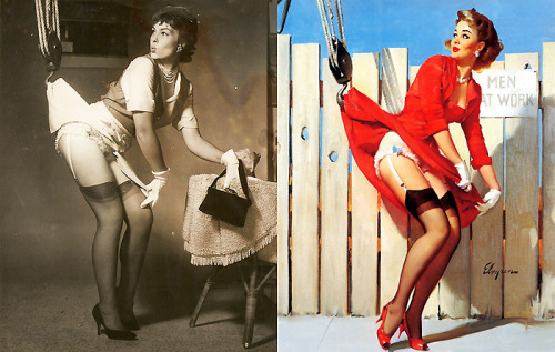 lipstickstainedlove: vintagegal: Model poses and the finished paintings of Gil Elvgren Its not ju