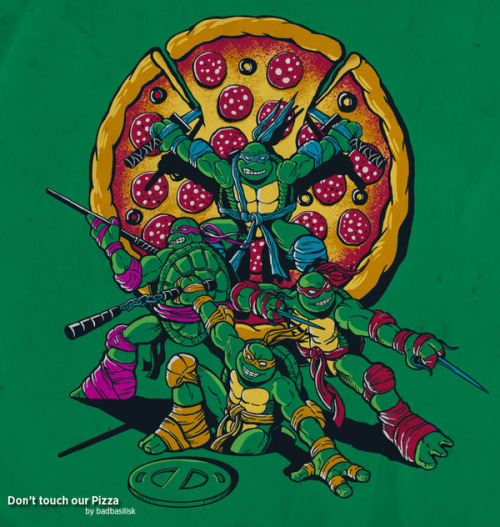 nerdwire:  Pizza Eat Turtle & Don’t Touch Our Pizza by Peter Kramar Pac-man get’s cowabunga’d into the turtle dimension in Pete’s totally gnarly designs.  They’ll be available for voting over on Threadless soon for their TMNT shirt contest.