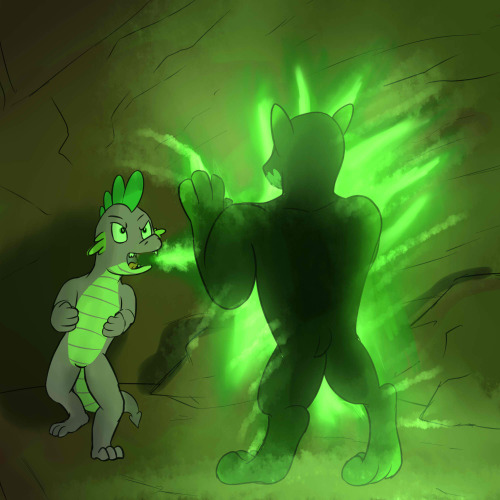 Spike’s Quest (page 8) With as much strength and lung power as he could muster, Spike let loose the largest dragon breath of green flames he could.  He had a determination in his eyes, an all or nothing attack.  It could damage it, or at the very