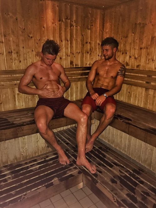 hotndfunny: Id love to come across these two in the sauna…. Follow for more hot guys: Hotndfu