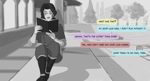 patronustrip: BONUS: Good luck kissHeadcanon #2 Korra will never play any game or go in any adventure without a good luck kiss from Asami. Why? Because she is a PUPPY. Enjoy,patronustrip 