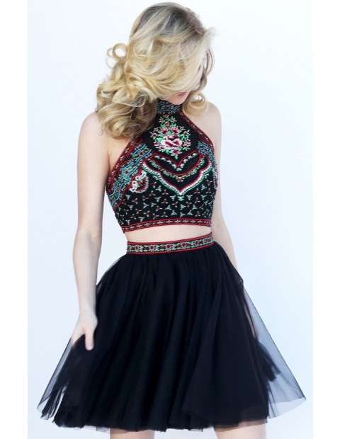 Multi-colored embroidery embellishes the halter neck crop top with semi-open back of this Sherri Hil