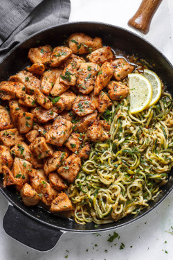 daily-deliciousness:  Garlic butter chicken bites with lemon zucchini noodles