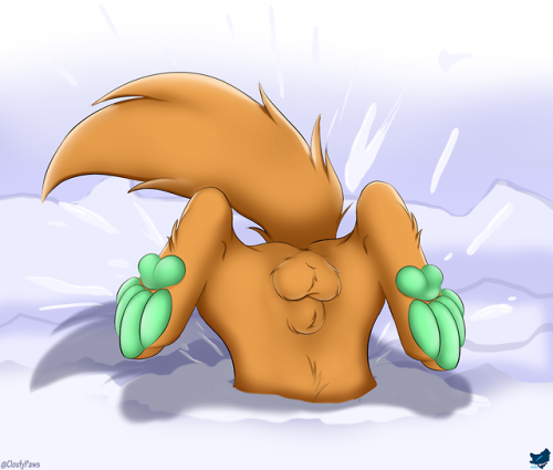 cloufypawsad:Fluff diving into fresh snow ❄️🧡Character: Dayn x3