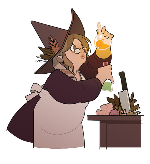 Witchtober2020 Day08 . PotionsDescription:  A witch making potions.  She is holding two flasks with 