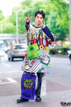 tokyo-fashion:  13-year-old Japanese Jr. high school student Towa on the street in Harajuku wearing an oversized graphic top from Codona De Moda with remake hand painted pants, chain accessories, an alien bag, and Dr. Martens boots. Full Look