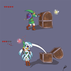 alulledraws:  what could be inside that chest? tasty treasures? unlimited rupees? … NOPE IT’S RUTOO TIME!!! (this is like link’s version of a mimic) I just loove ruto’s crush with link and how hopeless it is for her. 