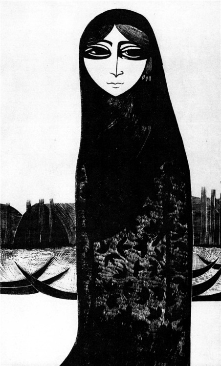 Young Girl from the Marshes, print by Rafa Nasiri, Baghdad, 1966 فتاة صغيرة من الاهوار، غرافيك برسم 