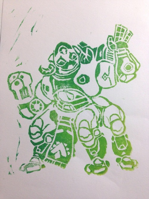 chameleocoonj:Some lino Overwatch stuff– Symm and Mei are from last summer, Orisa is from this week. Someday I’ll stop being lazy and print them properly on nice paper… someday…