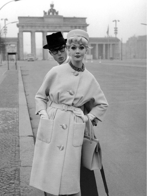Ina Balke in front of Brandenburg Gate, Berlin, for Burda Beyer Moden, Spring/Summer 1960. Photograp