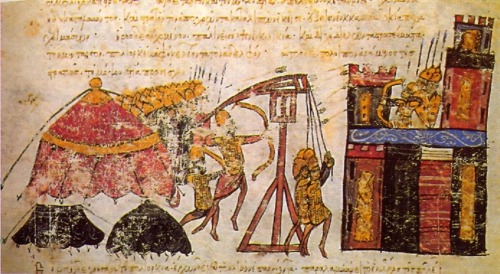 A Byzantine army, besieging a citadel, deploys its trebuchet.  Illustration from a 12th century Sici