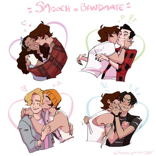 merry-the-cookie:it’s smooch a bandmate day!!!! bobby hates smooch a bandmate day. anyways so 