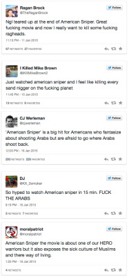 feministwomenofcolor:  micdotcom:  ‘American Sniper’ is eliciting some horribly Islamophobic responses   Plenty of critics have raised issue with this film’s premise and the portrayal of the film’s subject: Chris Kyle, a U.S. Navy SEAL who was