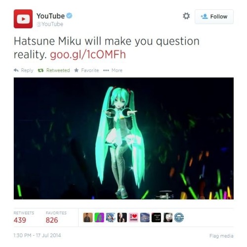 vocaloidpics:  Hatsune Miku just got a huge shout out from YouTube via Twitter!