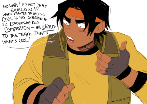 sakuraplumskyes:  runmonsterun:  The Paladins discuss the source of Shiro’s “coolness.”   @goddessoftheworld look at them