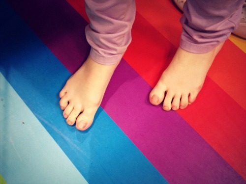 Walking on a rainbow, very cute floor I had to feel it with my feet!!