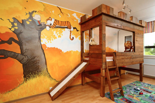 Calvin & Hobbes Themed Kid’s Room Calvin & Hobbes relaxed in a tree and the wooden bed and e