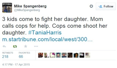 iwriteaboutfeminism:Thursday, April 16th18-year-old Tania Harris of Robbinsdale, Minnesota was being