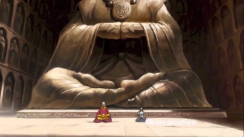 aanglerfish: the avatar meditating in front of yangchen’s statue with a spiritual master  
