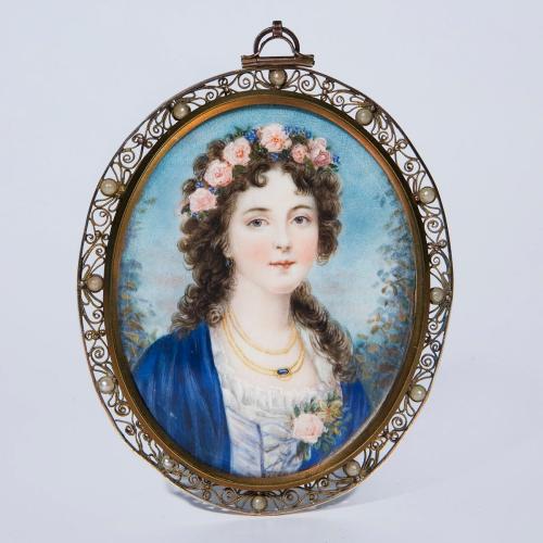 A portrait miniature of a young woman by an unknown artist, circa 19th century. [source: Auktionhaus